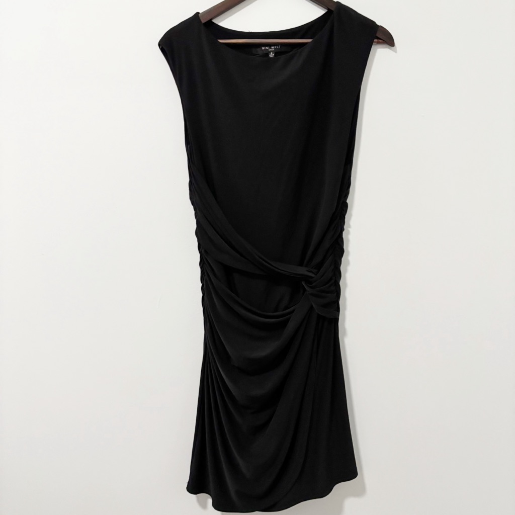 Nine West Bodycon Ruched Twist Midi Dress 8 Black Sleeveless Cocktail Party Nwt